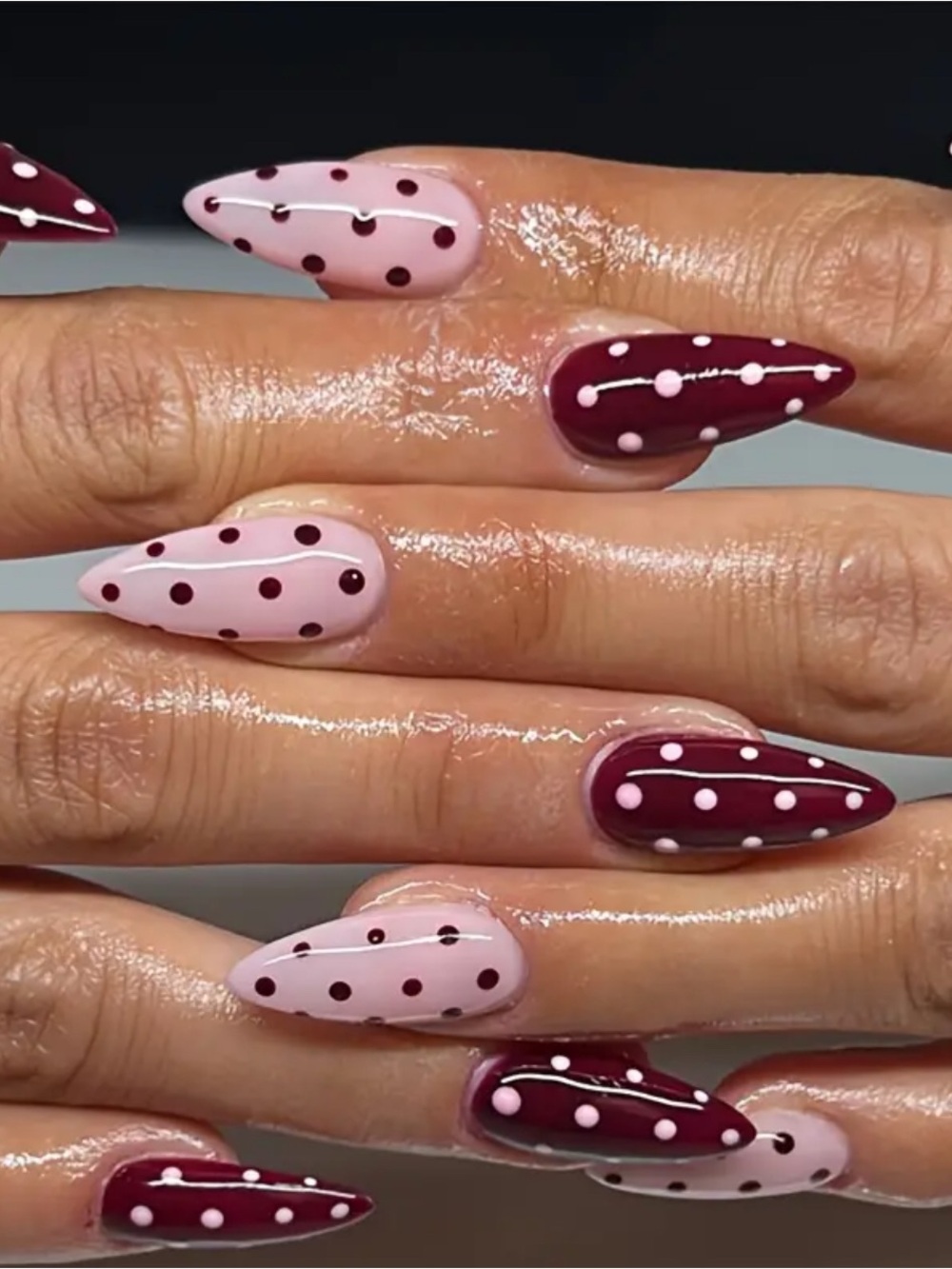 Polka Dot Almond Nail Art Set - Pink & Burgundy